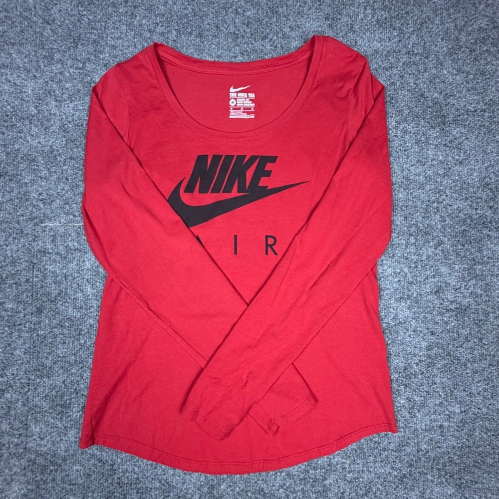 Nike Air Womens Long Sleeve Shirt Red Black Graphic Logo Athletic Cut Size M